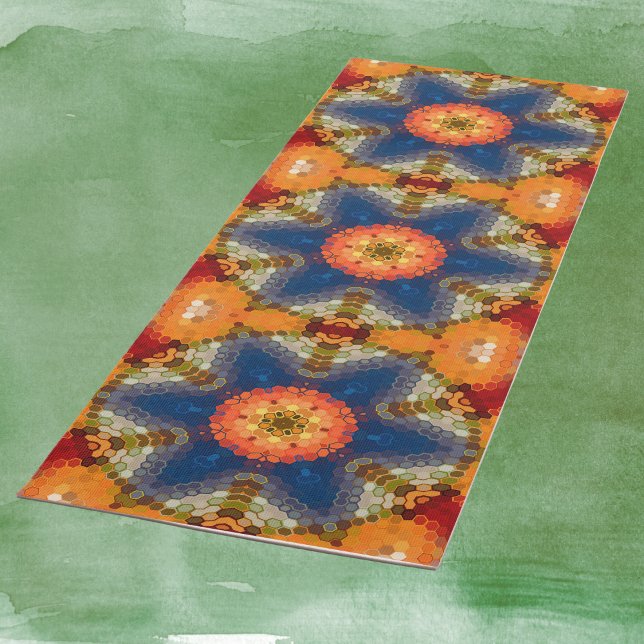 Esterilla De Yoga Hex Mandala Naranja azul y rojo (Blue Orange and Red Hexagon Mandala Yoga Mat by Wormhole Orbital)