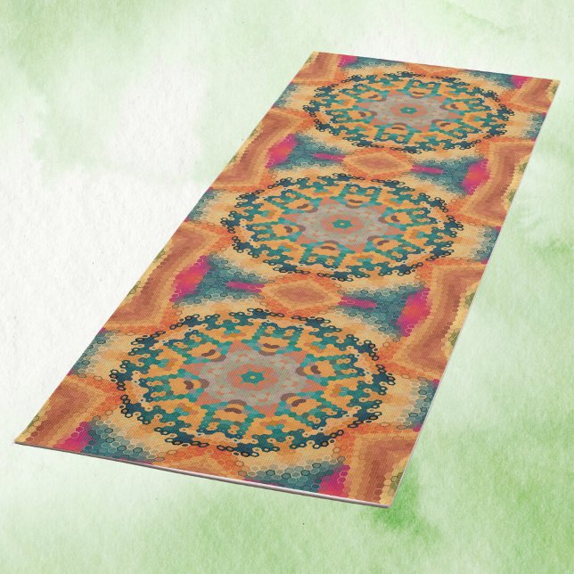 Esterilla De Yoga Hex Mandala Naranja y azul (Orange and Blue Hexagon Mandala Yoga Mat by Wormhole Orbital)