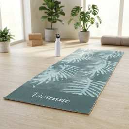 Esterilla De Yoga Hoja Tropical de Acuarela Verde Teal con Nombre Pe