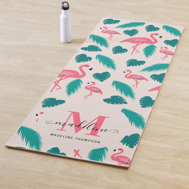Esterilla De Yoga Hojas tropicales Flamingo rosa caliente Monograma  (In situ)