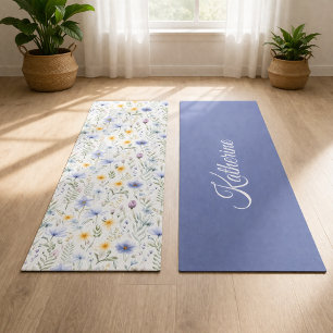 Esterilla De Yoga Lindo Nombre de Flor Silvestre Acuarela Azul Púrpu