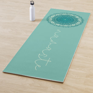 Esterilla De Yoga Mandala azul turquesa con texto de nombre