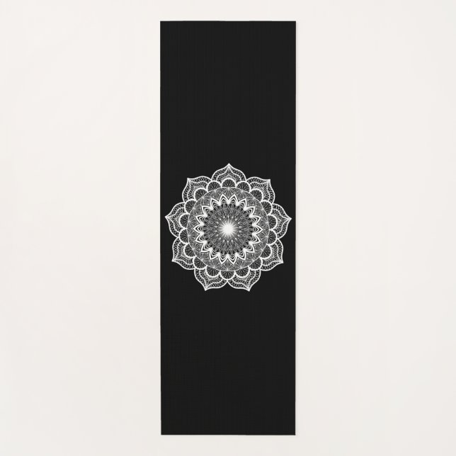 Esterilla De Yoga Mandala Blanco sobre Fondo Negro (Anverso)