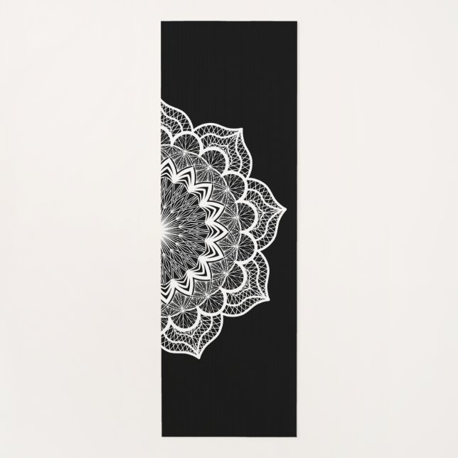 Esterilla De Yoga Mandalá Blanco sobre Fondo Negro (Anverso)
