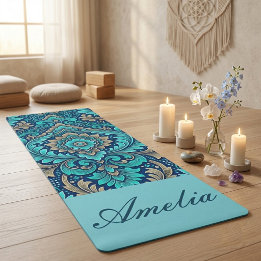 Esterilla De Yoga Mandala Sagrado Azul Marino Verde Damask Espiritua