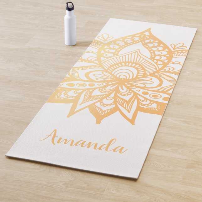 Esterilla De Yoga Mandala White con flores Gold Lotus personalizadas (In situ)
