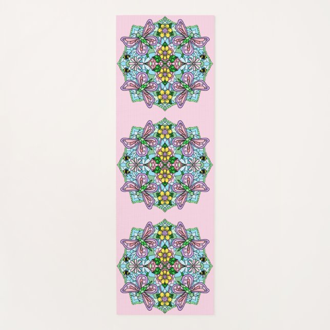 Esterilla De Yoga Mariposa floral rosa y azul Mandala (Anverso)