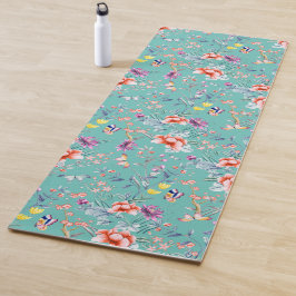 Esterilla De Yoga Mariposas Chinoiserie, flores verde azuladas,