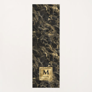 Esterilla De Yoga Mármol negro y dorado Monograma Elegante Lujo