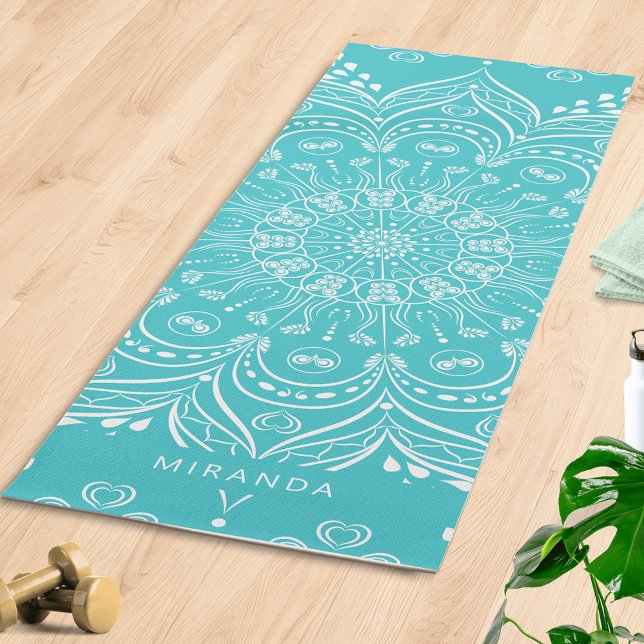 Esterilla De Yoga Medición personalizada del Boho Azul verde azulado (Personalized Boho Yoga Mat with Teal Blue Mandala Pattern)