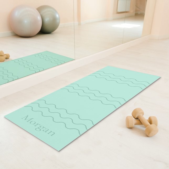 Esterilla De Yoga Mint Green Modern Wavy Lines With Custom Name (Disclaimer: This image is a digital mockup.)