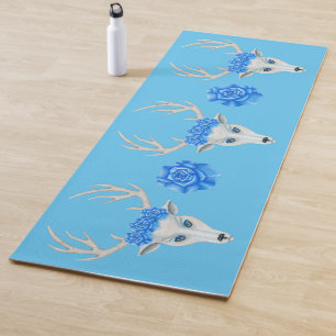 Esterilla De Yoga Míticos Rosas de la cabeza de ciervo blanco en azu