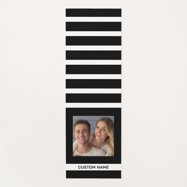Esterilla De Yoga Modern Black And White Striped Personalized Photo (Anverso)