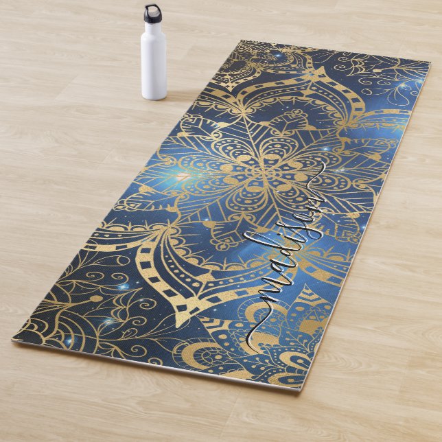 Esterilla De Yoga Modern Gold Mandala Blue Nebula Custom Name (In situ)