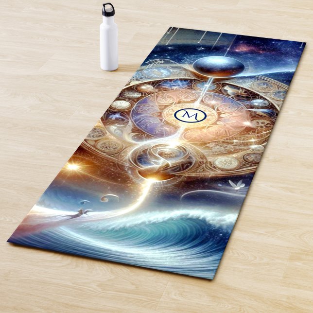Esterilla De Yoga Monograma de la ola espiritual celeste (Yoga mat featuring a fantasy painting of a spiritual scene with ocean wave and celestial elements)