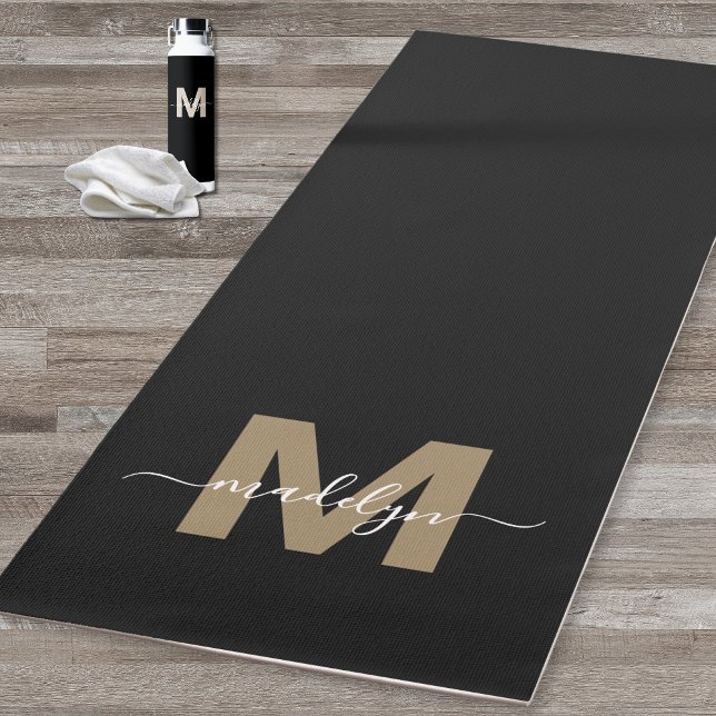 Esterilla De Yoga Monograma de nombre inicial de oro negro moderno e (Elegant Modern Black Gold Initial Name Monogram Yoga Mat)