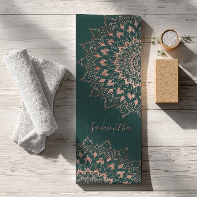 Esterilla De Yoga Monograma de oro rosa verde boho mandala (Green rose gold boho mandala monogram yoga mat)