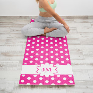 Esterilla De Yoga Monograma de puntos de polka blanco y rosado calie
