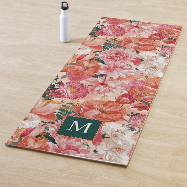 Esterilla De Yoga Monograma del patrón floral rosado naranja (In situ)