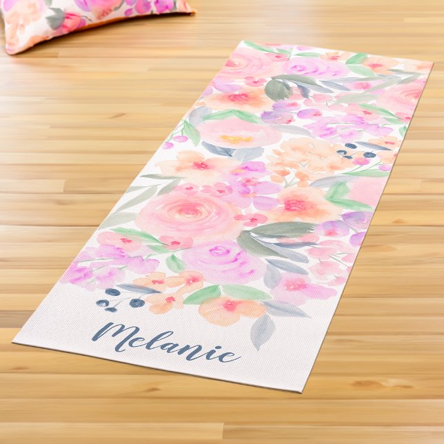 Esterilla De Yoga Monograma moderno de acuarela floral pastel (Modern pastel floral watercolor name monogram yoga mat)