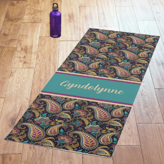 Esterilla De Yoga Monograma negro vintage paisley púrpura azul turqu