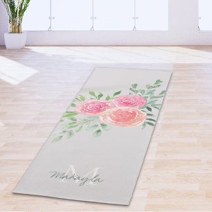 Esterilla De Yoga Monograma Nombre Acuarela Floral Gris