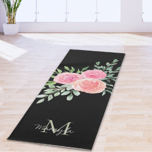 Esterilla De Yoga Monograma Nombre Acuarela Floral Negro