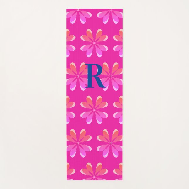 Esterilla De Yoga Monograma Patrón inicial de flor retro rosa calien (Anverso)