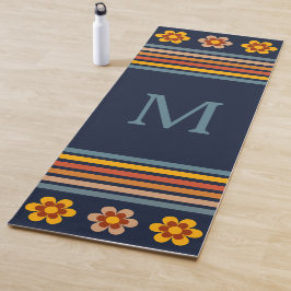 Esterilla De Yoga Monograma personalizado flores retro azul marino