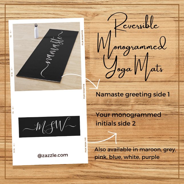 Esterilla De Yoga Namaste Initials Personalized Black White (Reversible personalized monogrammed initials white on black ground yoga mat. Gift her good health.)