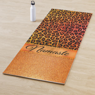 Esterilla De Yoga Naranja purpurina y Leopardo de oro personalizado