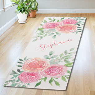 Esterilla De Yoga Nombre de la acuarela floral pastel Monograma