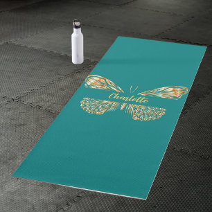 Esterilla De Yoga Nombre de mariposa dorada verde teal