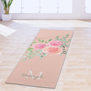 Esterilla De Yoga Nombre de monograma acuarela floral rosa