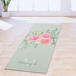 Esterilla De Yoga Nombre Monograma Floral Acuarela Verde