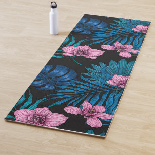 Esterilla De Yoga Orquídeas y hojas de palma, rosa y azul en negro