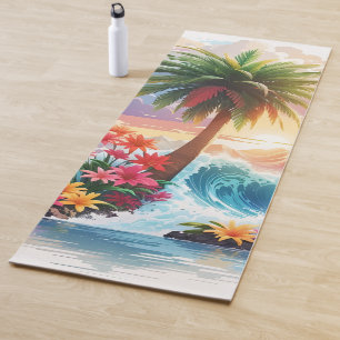 Esterilla De Yoga Palmeras tropicales, flores y olas oceánicas
