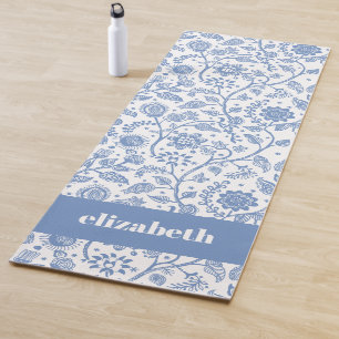 Esterilla De Yoga Patrón Botánico Floral Blanco Azul con Nombre Pers