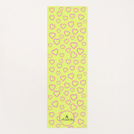 Esterilla De Yoga Patrón cardíaco rosa amarillo con nombre e inicial