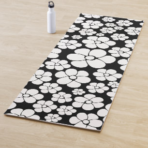 Esterilla De Yoga Patrón de flor retro en blanco sobre negro
