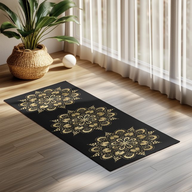 Esterilla De Yoga Patrón de Mandala Dorado Boho Negro (Subido por el creador)
