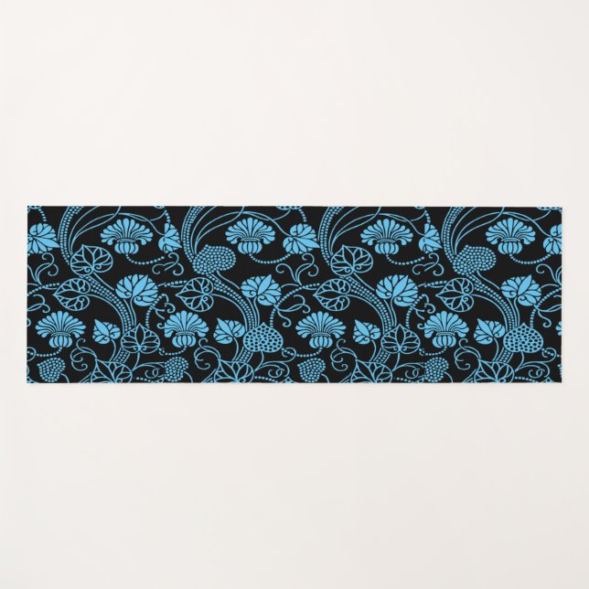 Esterilla De Yoga Patrón floral antiguo negro sobre azul (Anverso (horizontal))