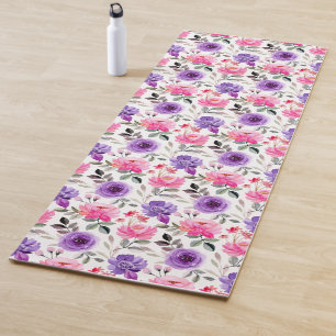 Esterilla De Yoga Patrón floral de acuarela vibrante en rosa y púrpu