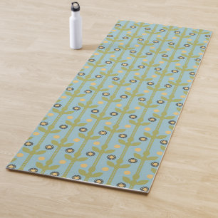 Esterilla De Yoga Patrón floral folclórico retro verde y azul cúbico