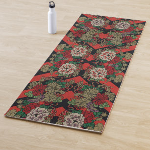 Esterilla De Yoga Patrón Floral Japonés Vintage Peonía Rojo Negro