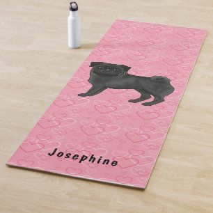 Esterilla De Yoga Perro Pug Negro Corazones Rosas y Fregonas Con Nom