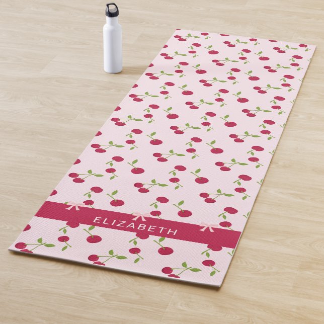 Esterilla De Yoga Pink Custom Cute Cherry Print Pattern Coquette  (In situ)