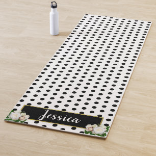 Esterilla De Yoga Puntos de polka y peonías - Placa con nombre negro