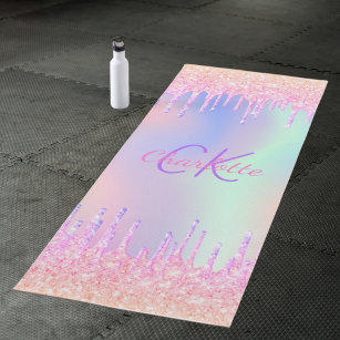 Esterilla De Yoga Purpurina arcoiris rosado gotea monograma holográf