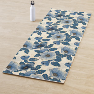 Esterilla De Yoga Purpurina de oro floral azul Ukiyo-e japonés